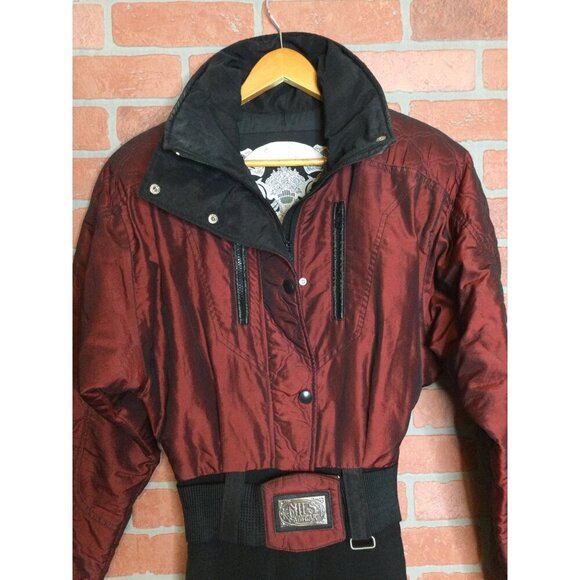 Vintage Nils Womens Ski Suit Stirrups Pockets Iridescent Burgundy Black Size 8 - Picture 8 of 14